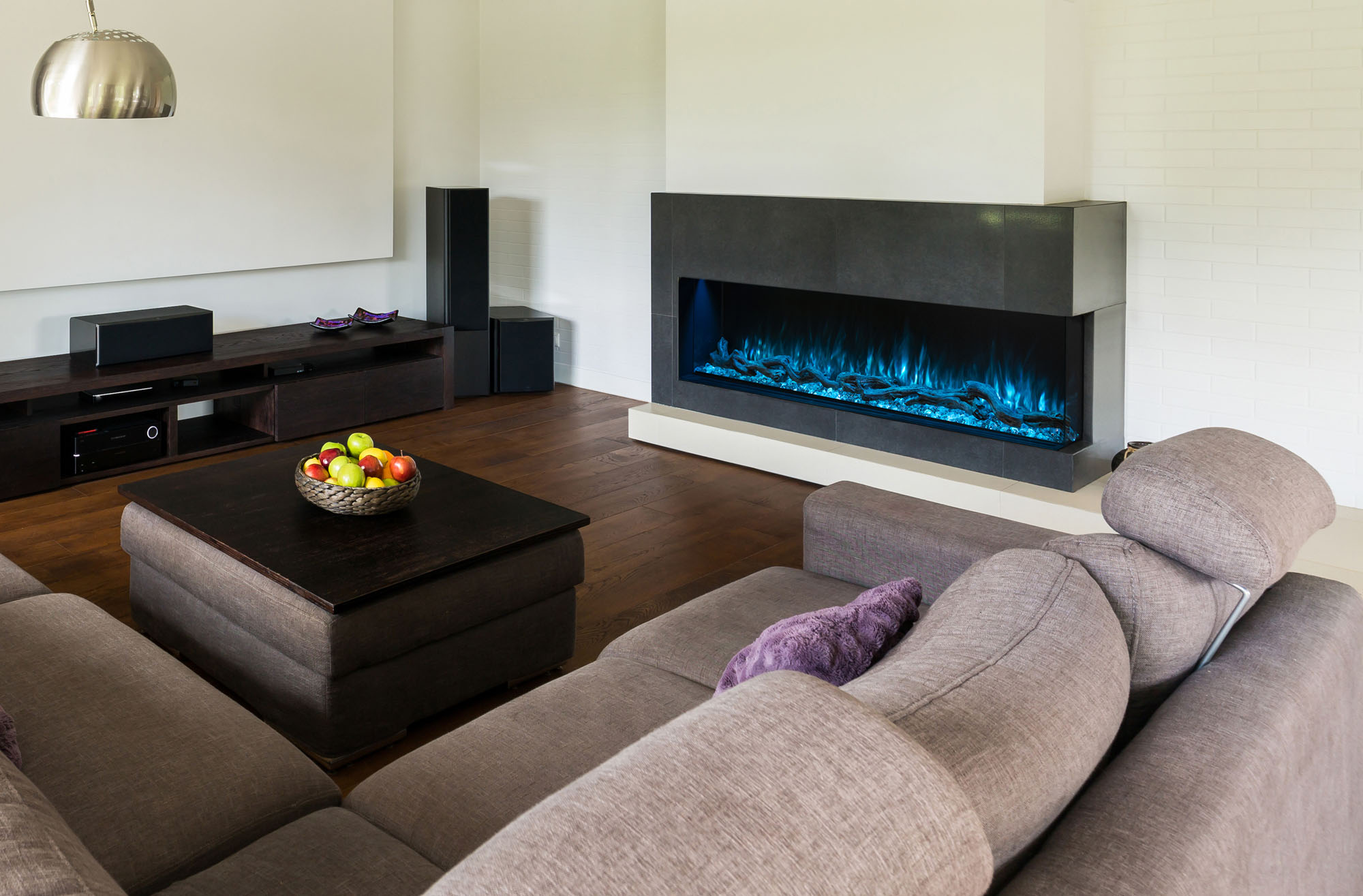 Modern electric fireplace with colored flames