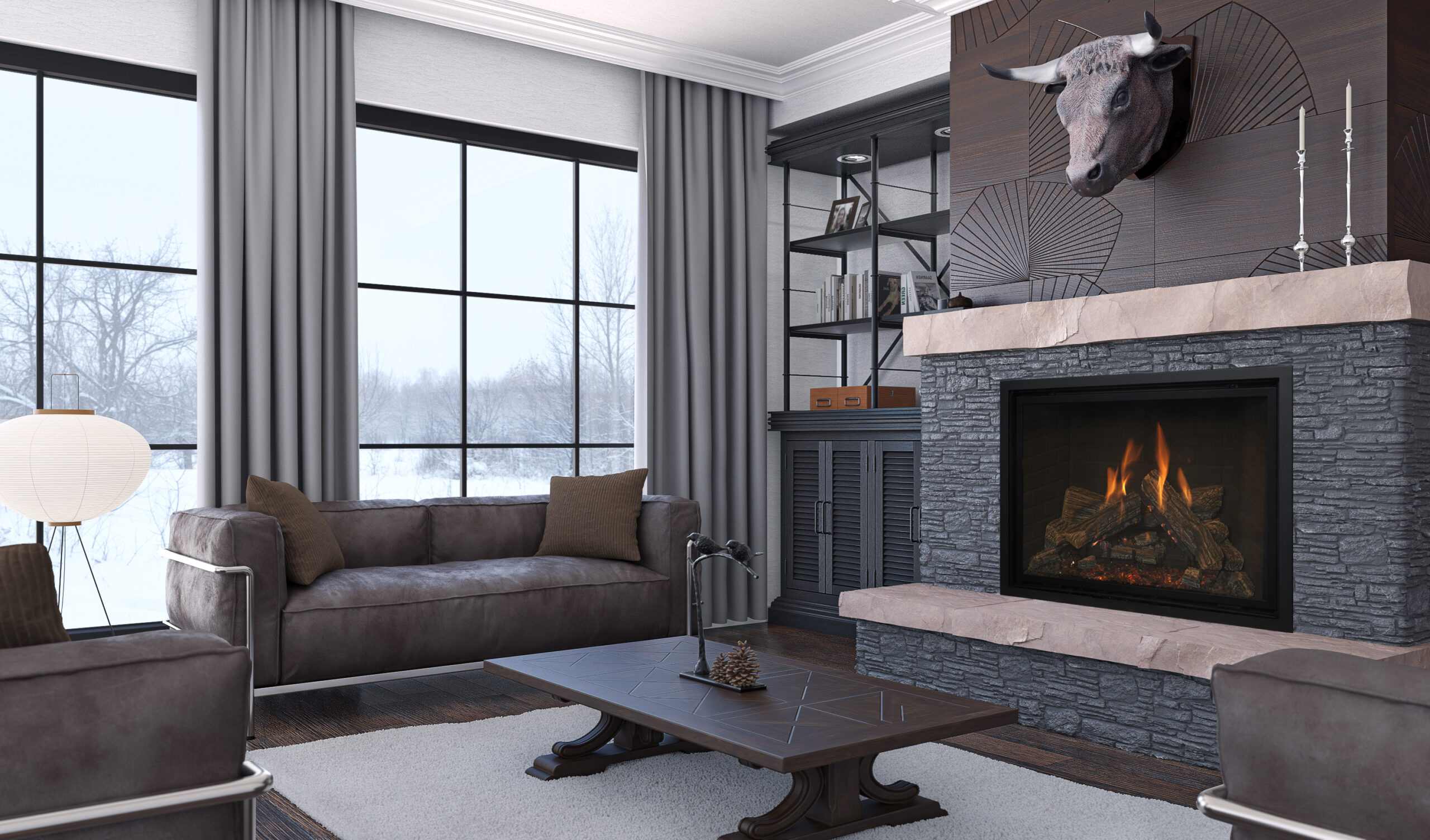 Modern living room with a premium Clark Propane Plus gas fireplace burning